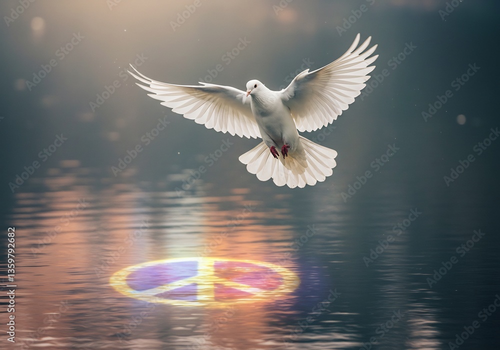 White Dove Peace Symbol Water Reflection Warm Light. AI Generated White Dove Peace Symbol Water Reflection Warm Light. AI Generated