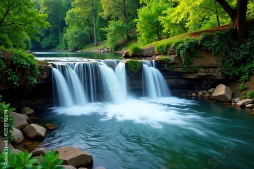 Water features surrounding Cascatella waterfall cascade into the river, landscape, cascading water