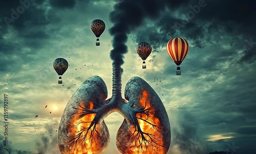 Flames and symbolic balloons visualizing smoking impact and hope for recovery created with Generative AI technology