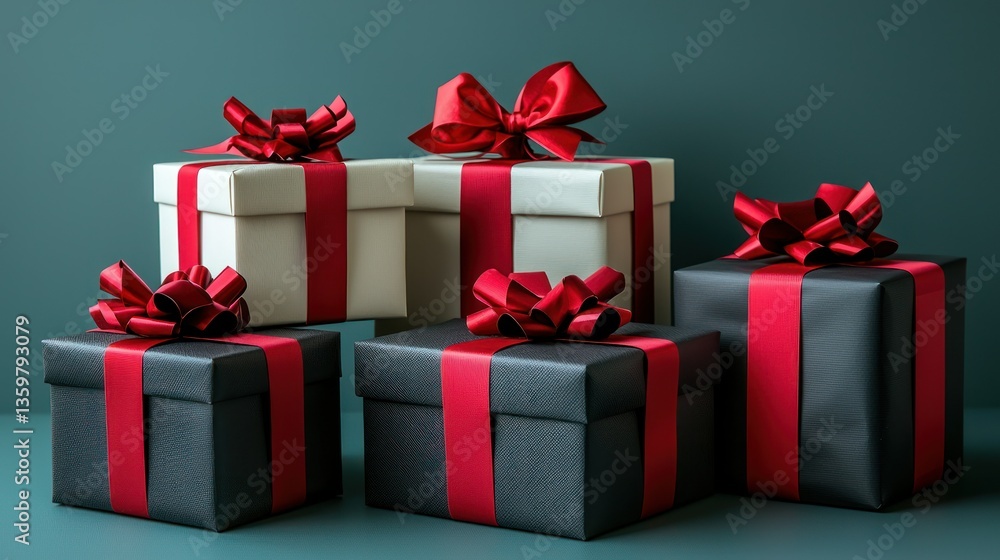 Obraz premium Red-ribboned gifts, studio shot, dark background, holiday