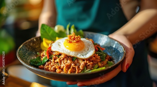 A Thai server presenting a colorful dish of pad kra pao stir-fried basil pork with a fried egg on top.
