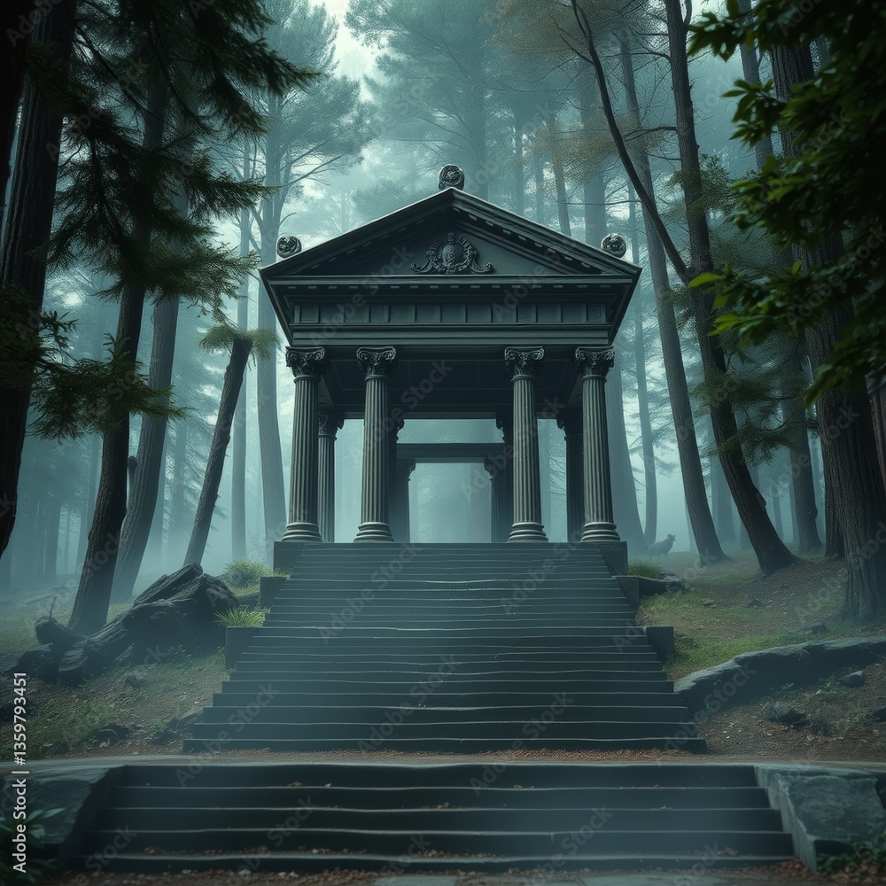 Obraz premium Temple in ruins, forest, stairs, columns, cinematic, detailed, atmospheric, epic, concept art, matte painting, background, mist, photo-realistic, concept art, volumetric light
