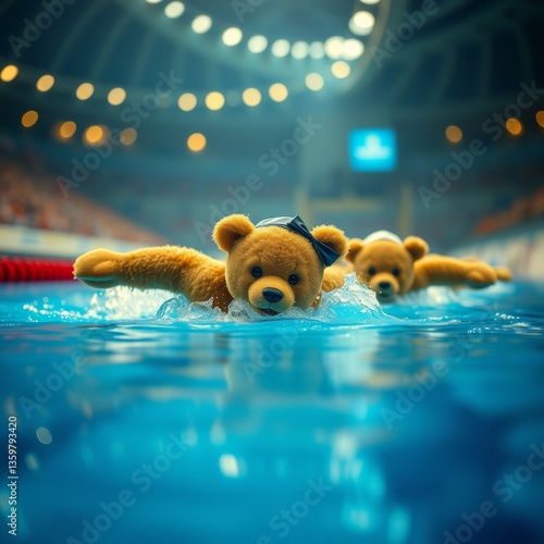 Teddy bears swimming the 400m butterfly event at the Olympics