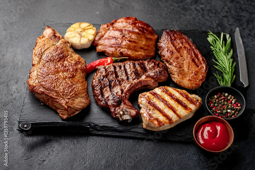 Various types of grilled meat, beef, pork, chicken on stone background