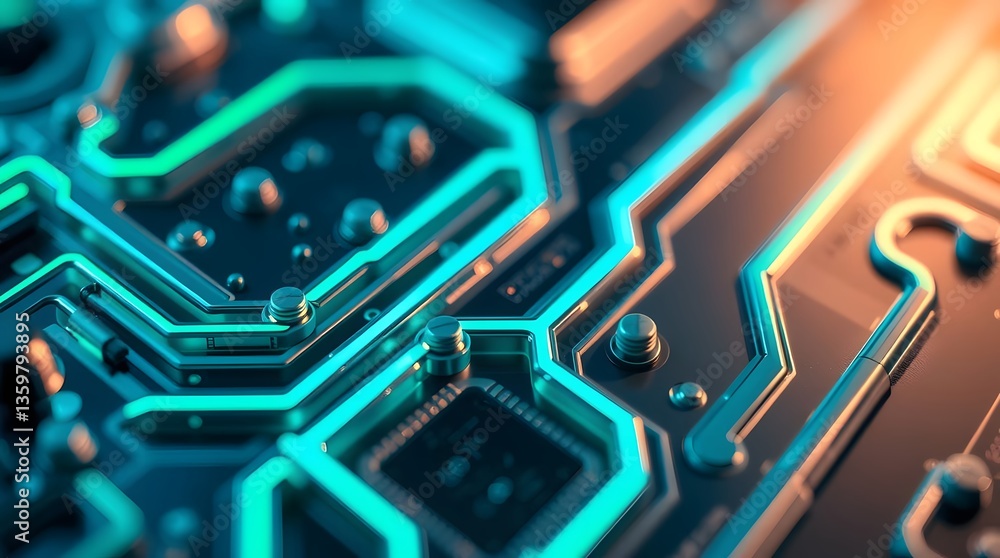 Fototapeta premium A high-tech close-up of a futuristic circuit board with glowing neon-blue and orange pathways.
