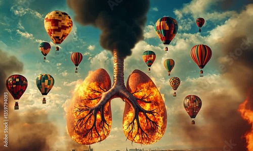 Unhealthy lungs lifted by vibrant balloons showcasing harmful smoking consequences created with Generative AI technology