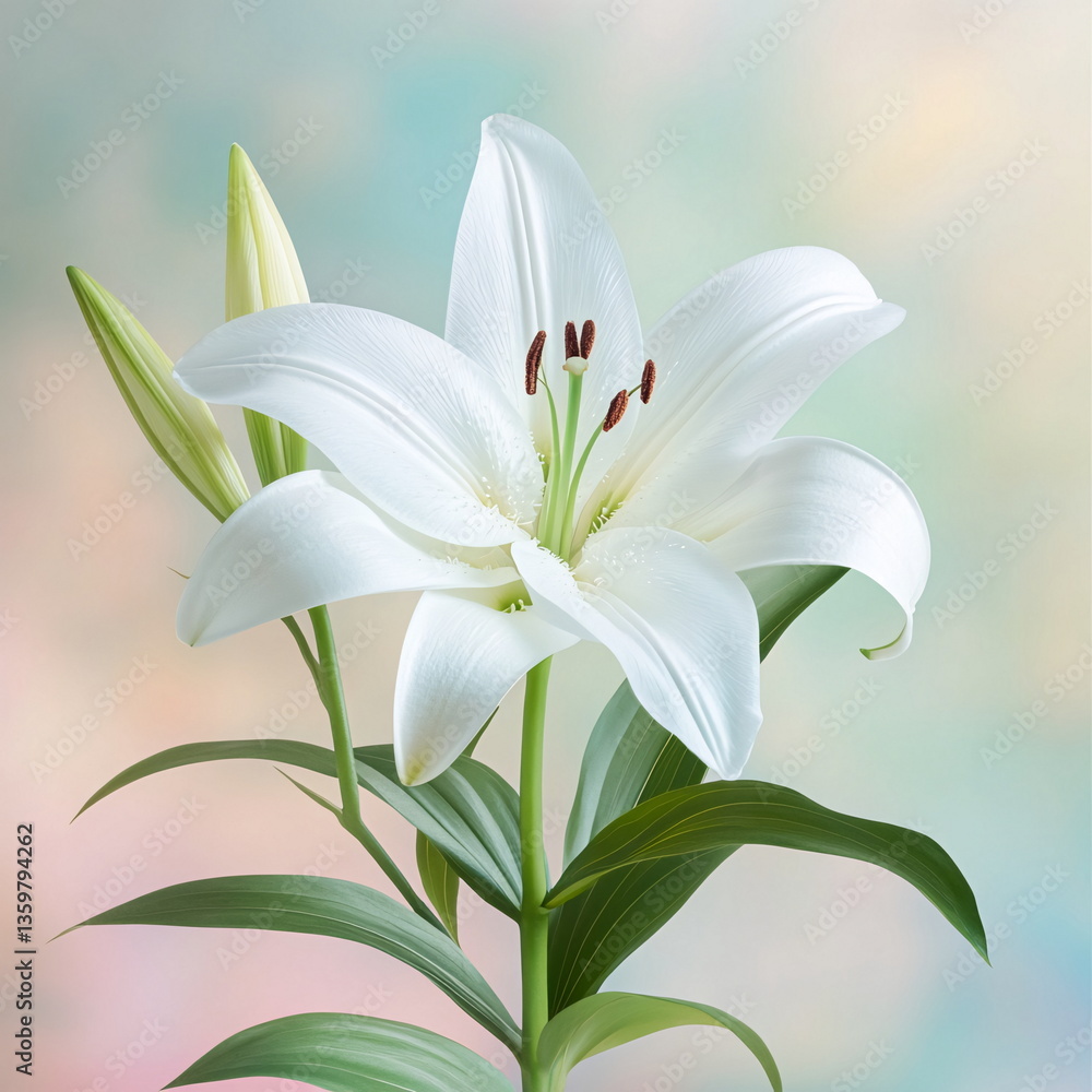 Fototapeta premium Elegant White Lily on Soft Pastel Background Reflecting Pure Serenity and Grace