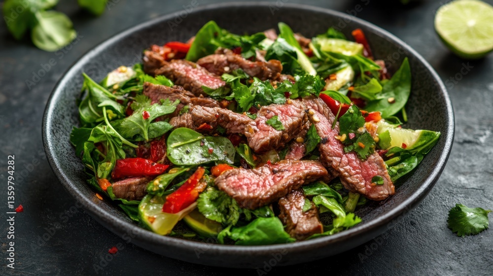 Thai beef salad with tender beef slices, fresh greens, and a tangy lime dressing. Thai beef salad with tender beef slices, fresh greens, and a tangy lime dressing.