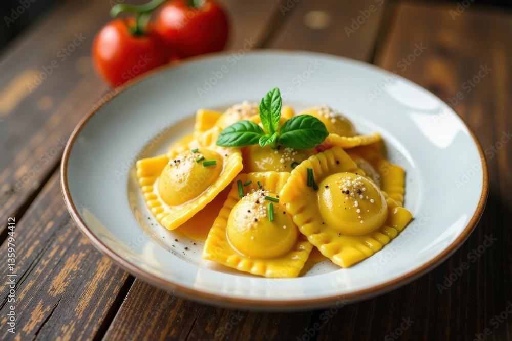 Wooden table with ravioli and creamy sauce served in a plate, plate, dining Wooden table with ravioli and creamy sauce served in a plate, plate, dining