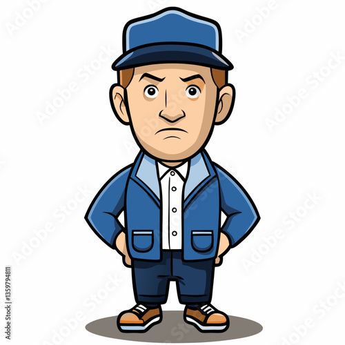 Upset Conductor: A cartoon depiction of an angry conductor, set against a pristine, minimalist backdrop, capturing the intensity of his expression.