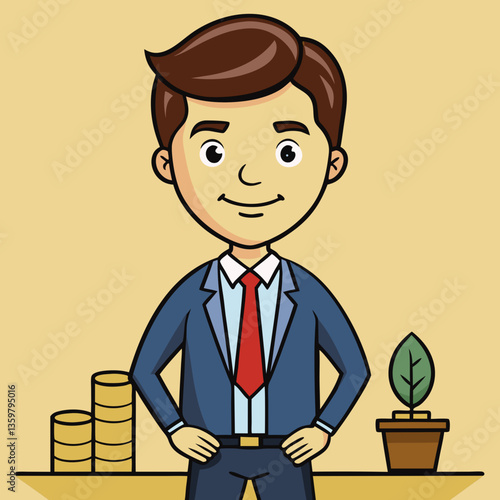 Financial Strategist: A sophisticated illustration presents a business person standing confidently beside money stacks and a growing plant, representing the themes of finance and growth.