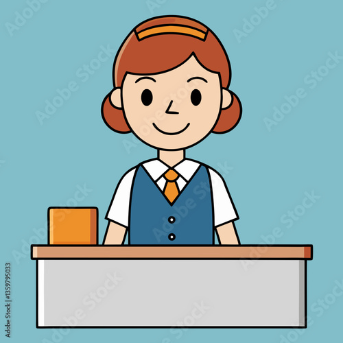 Friendly Receptionist at Desk: A friendly receptionist, full of helpful charm, is waiting at the desk, showcasing professionalism and a positive outlook, ready to assist and offer service.