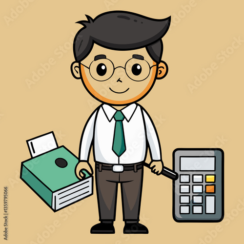 Accounting Cartoon: A charming cartoon accountant, complete with glasses, and professional attire, is confidently holding a calculator and a receipt.