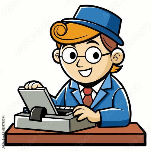 Vintage Author At Work: A cartoon illustration of a retro-style writer at a desk typing on an old typewriter, evoking a sense of nostalgia and the art of storytelling.