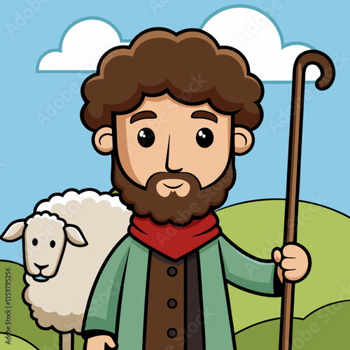 Shepherd and his sheep: A charming illustration captures a serene scene of a shepherd tending to his fluffy sheep amidst rolling hills and a gentle blue sky.