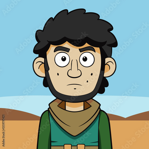 Mysterious Figure in Desert: A hand-drawn illustration presents a stoic character with a heavy brow and gaze amidst a minimalist desert landscape.