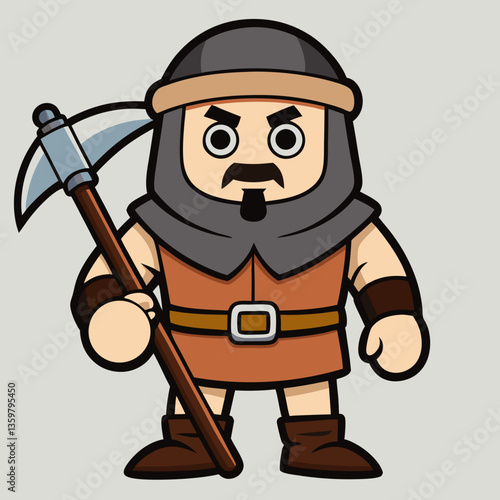 Warrior with weapon: A cartoon depiction of a medieval warrior stands resolute, brandishing his weapon ready for battle, in a vividly styled illustration of bravery.