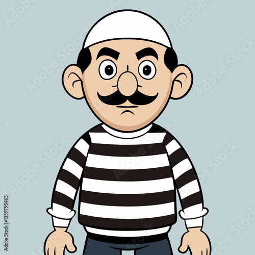 Cartoon Jailbird: A cartoon jailbird in a striped uniform with a stern expression