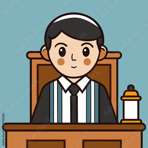 Law and Order in the Courtroom: A poised judge in a cartoonish style is seated behind the desk of the courtroom, an emblem of authority and fairness.  A classic portrayal of justice.