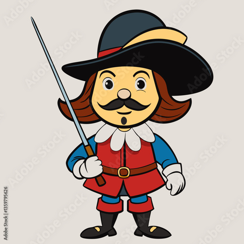 Cartoon Musketeer: A friendly, cartoon musketeer in historical attire, holding a sword with a smiling expression, captures the essence of adventure and bravery.
