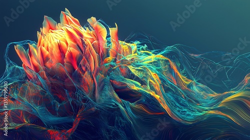Abstract Voluminous flower-like formation amid flowing, translucent, colorful strands against deep background