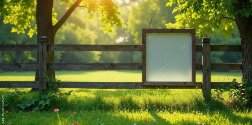 Naklejka premium A blank wooden fence with a hanging frame in a serene park environment , , fence