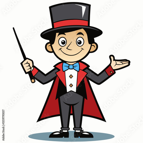 Magician with Magic Wand: A smiling magician, dressed in classic attire including a top hat and cape, brandishes a magic wand and gesture to amaze his audience.