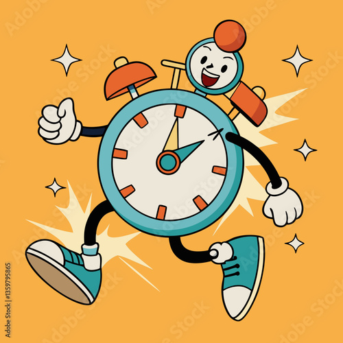 Whimsical Time: An animated alarm clock, bursting with energy, sprints with glee, personifying punctuality and enthusiasm, radiating with playful vibes and charm.