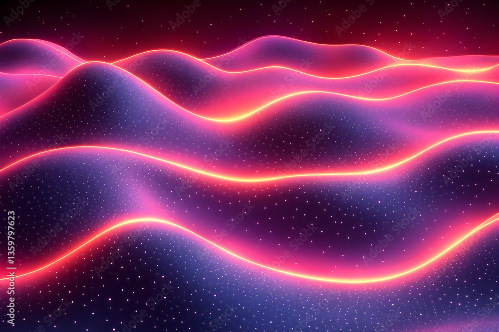 Vibrant abstract landscape of flowing waves illuminated by neon colors against a dark background Vibrant abstract landscape of flowing waves illuminated by neon colors against a dark background