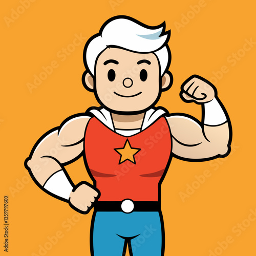 Superhero Illustration: A stylized illustration of a muscular superhero in a striking pose, evoking a sense of strength and readiness on a bright orange backdrop.