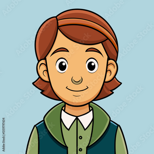 Smiling person Illustration: A person illustrated with warm color palette, wearing a button up shirt and vest smiles into camera.