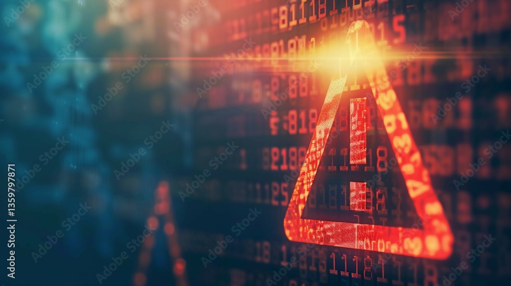 Fototapeta premium Close-up of a glowing red warning sign symbolizing cyber threats and digital security risks, representing online safety, data protection, and internet vulnerability concepts.