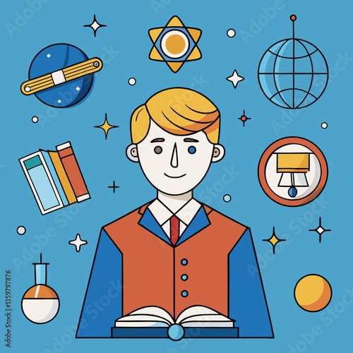 The Scholar's Universe: A vibrant illustration of a scholar surrounded by celestial and academic elements. The artwork evokes a sense of curiosity and learning