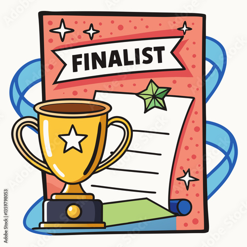 Finalist Award: A vibrant illustration showcasing a golden trophy next to a certificate declaring the winner as a finalist, with additional decorative elements for a cheerful look.