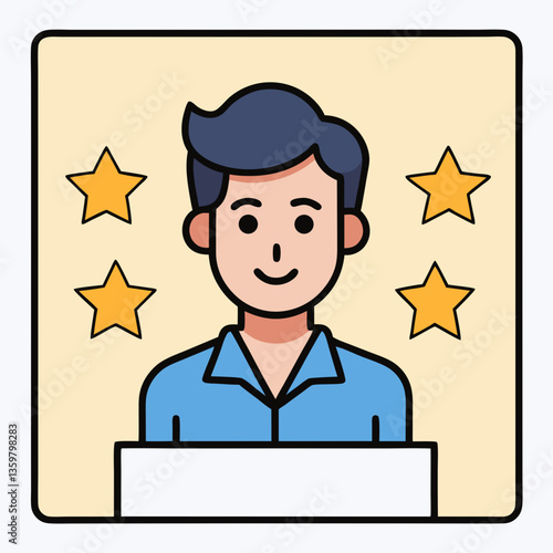 Quality Service Icon: Depicts a person smiling, radiating excellence with star symbol. Conveying concept of service, satisfaction, achievement. Focus is on client satisfaction