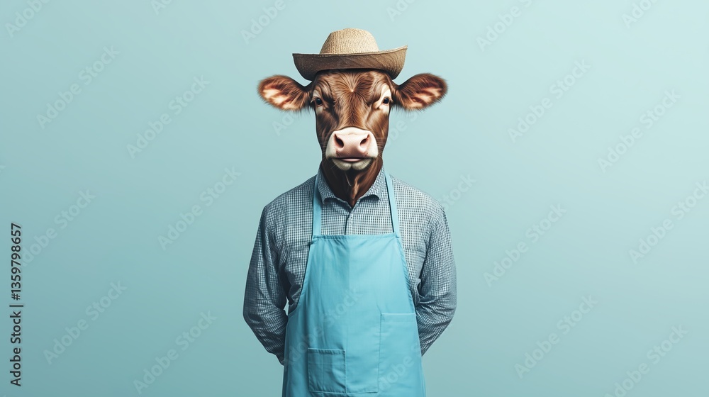 Humanized cow in a blue apron and farmer hat spreading joy against an azure background Humanized cow in a blue apron and farmer hat spreading joy against an azure background