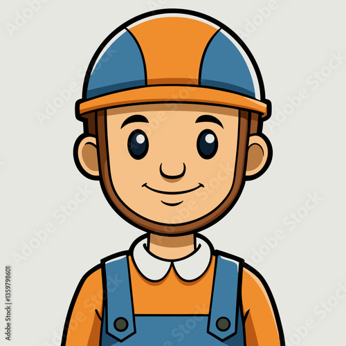 Craftsman Portrait: A smiling artisan with a cheerful persona, attired in an orange protective helmet and overalls. The artisan symbolizes construction industry, and represents the everyday hero. 