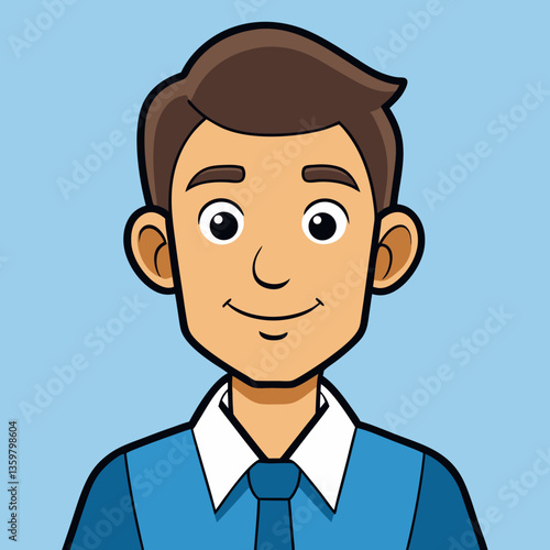 Cartoon Businessman Portrait: A friendly, approachable cartoon businessman smiles confidently, embodying professionalism and reliability in a vector illustration.