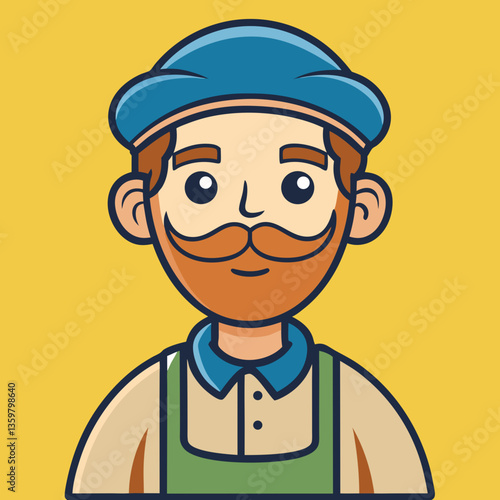 Smiling Shopkeeper Portrait: A friendly shopkeeper, with a cheerful expression, donning a blue cap and a neatly trimmed mustache stands proudly in front of a vibrant yellow backdrop.
