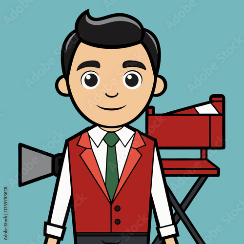 Behind the Scenes Director: An animated film director, dressed impeccably, stands beside a classic director's chair and equipment, representing filmmaking