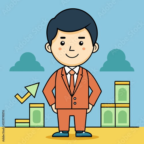 Business Professional Cartoon: A confident cartoon character in a business suit stands poised before ascending financial indicators, an emblem of success and forward momentum in the business world.