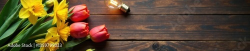 A simple yet elegant arrangement of tulips and daffodils on a rustic wooden table with a warm bulb lighting up the ambiance, natural light, table setting