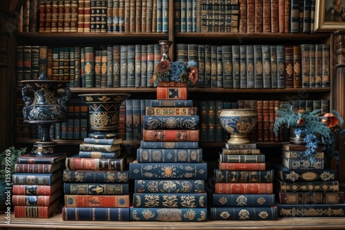 A cozy study displays collections of antique books on shelves