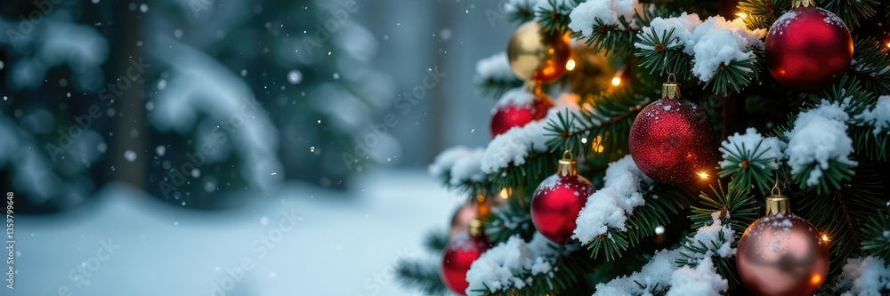 Snow-covered Christmas tree with red and gold ornaments,, snow covered Snow-covered Christmas tree with red and gold ornaments,, snow covered