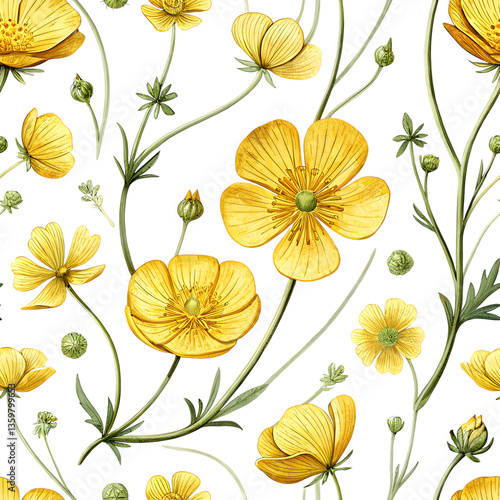 Wallpaper Mural Golden Blooms Seamless Pattern : An eye-level view reveals a repeating floral pattern of vibrant yellow buttercups, offering a cheerful and refreshing visual Torontodigital.ca