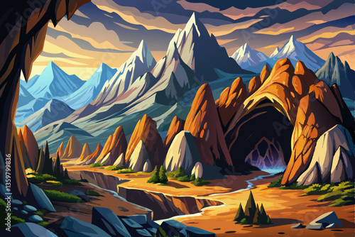 landscape with mountains and rocky cave with stones illustration cartoon
