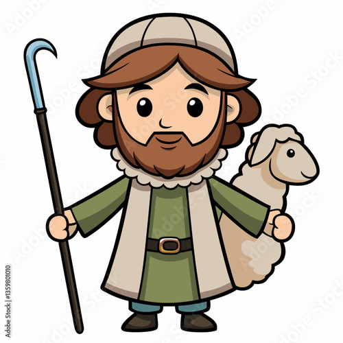 Guardian and Lamb: A charming cartoon illustration of a kind shepherd with a gentle demeanor, holding a crook, tenderly caring for his fluffy lamb.