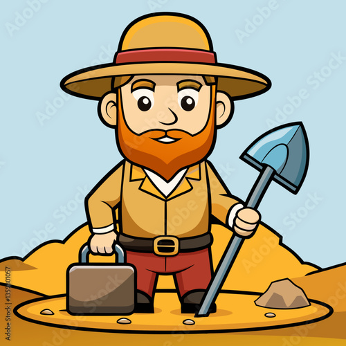 Adventurer with Tool: A meticulously crafted illustration of a determined adventurer, equipped with a shovel and satchel, ready for exploration in the desert, embodying the spirit of discovery.