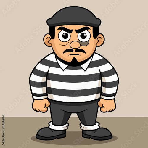 Cartoon Jailbird: An animated portrayal of a hardened convict in a classic striped outfit, exuding a stern demeanor and standing resolutely.