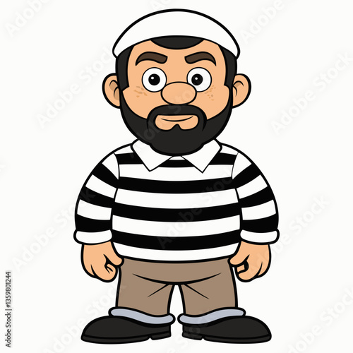 Cartoon Man in Striped Shirt: A friendly cartoon illustration of a man with a beard wearing a striped shirt and a kufi cap.